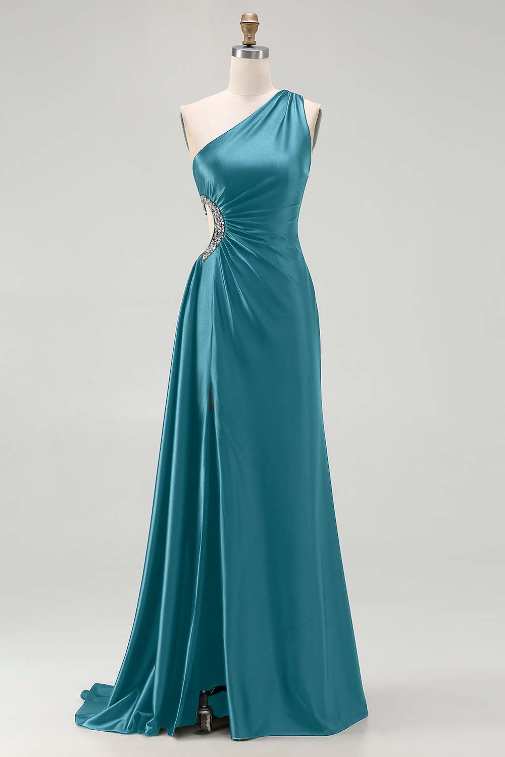 One Shoulder Cut Out Mermaid Black Tie Dress With Slit