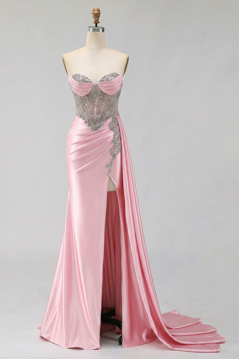 Sweetheart Mermaid Mint Green Beaded Satin Prom Dress With Slit