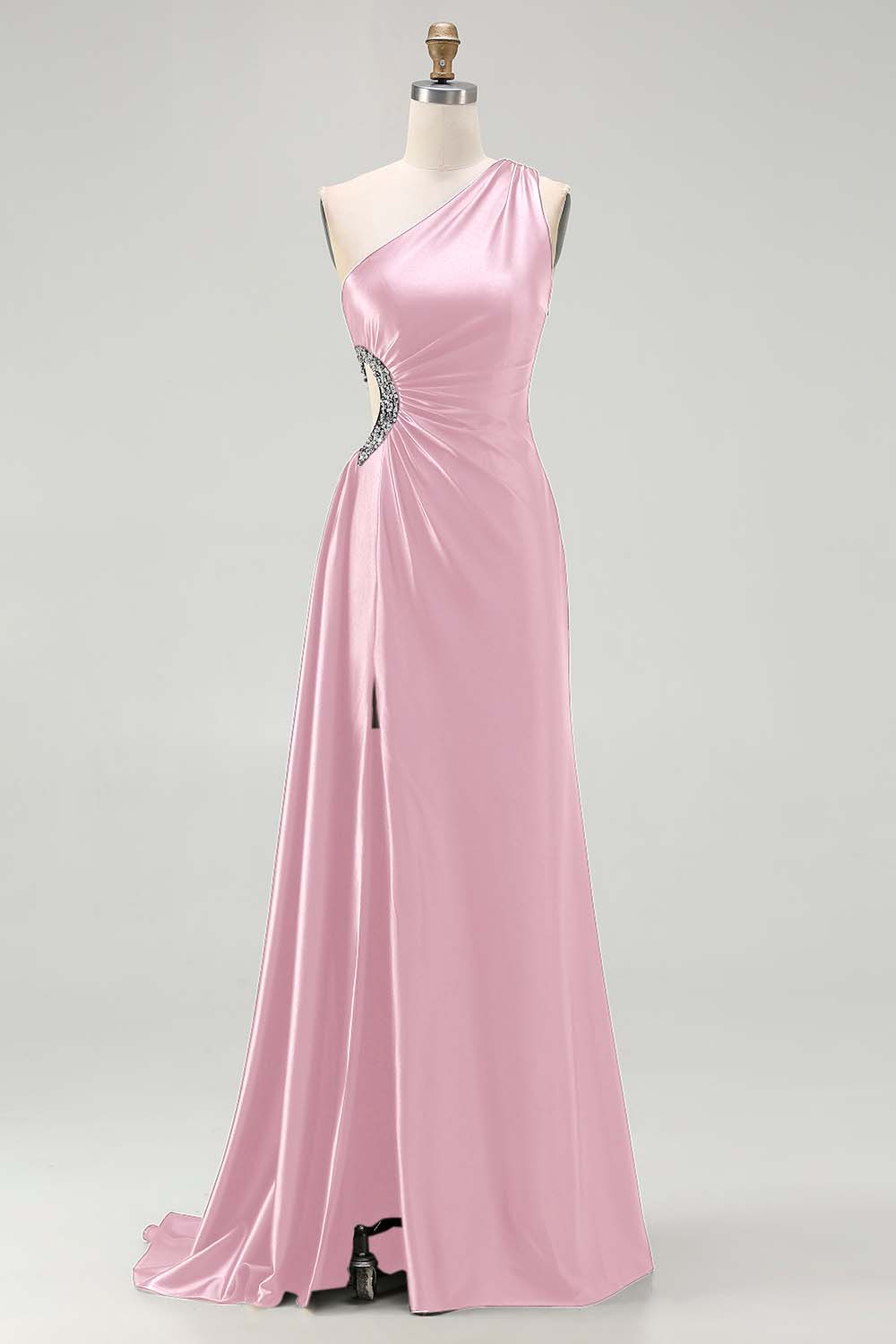 One Shoulder Cut Out Satin Black Tie Dress With Slit