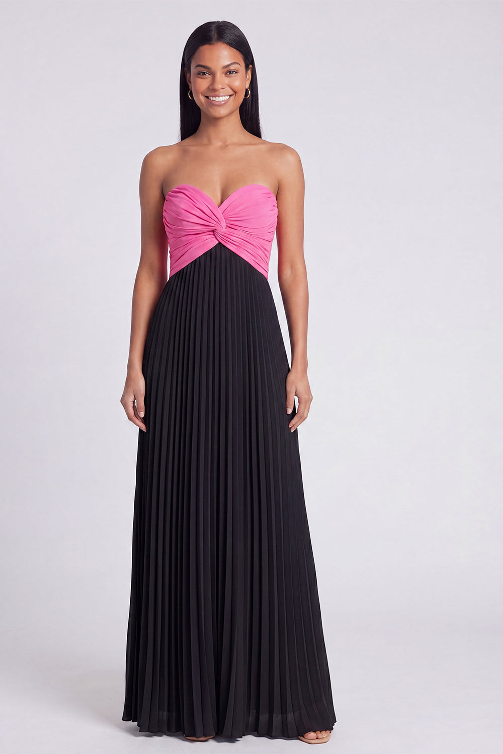 Strapless Pink and Orange ColorBlock Pleated A Line Formal Dress