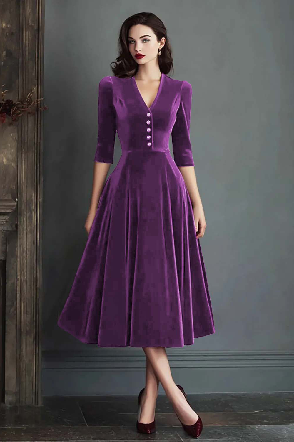Burgundy A-Line V-Neck Midi Velvet Dress with Half Sleeves