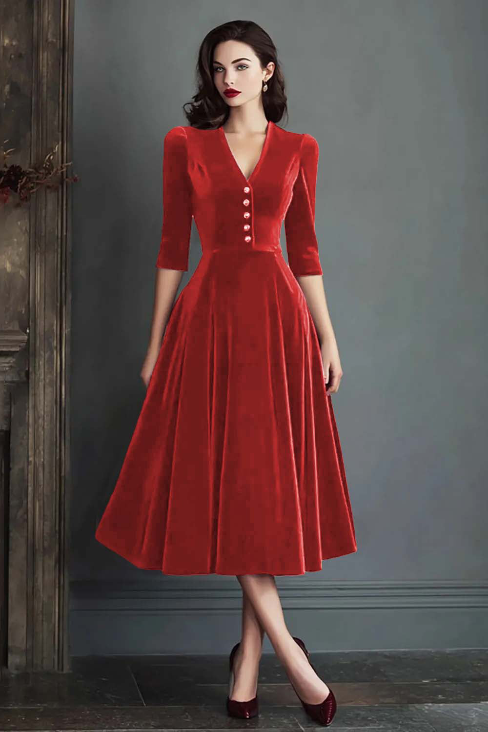 Burgundy A-Line V-Neck Midi Velvet Dress with Half Sleeves