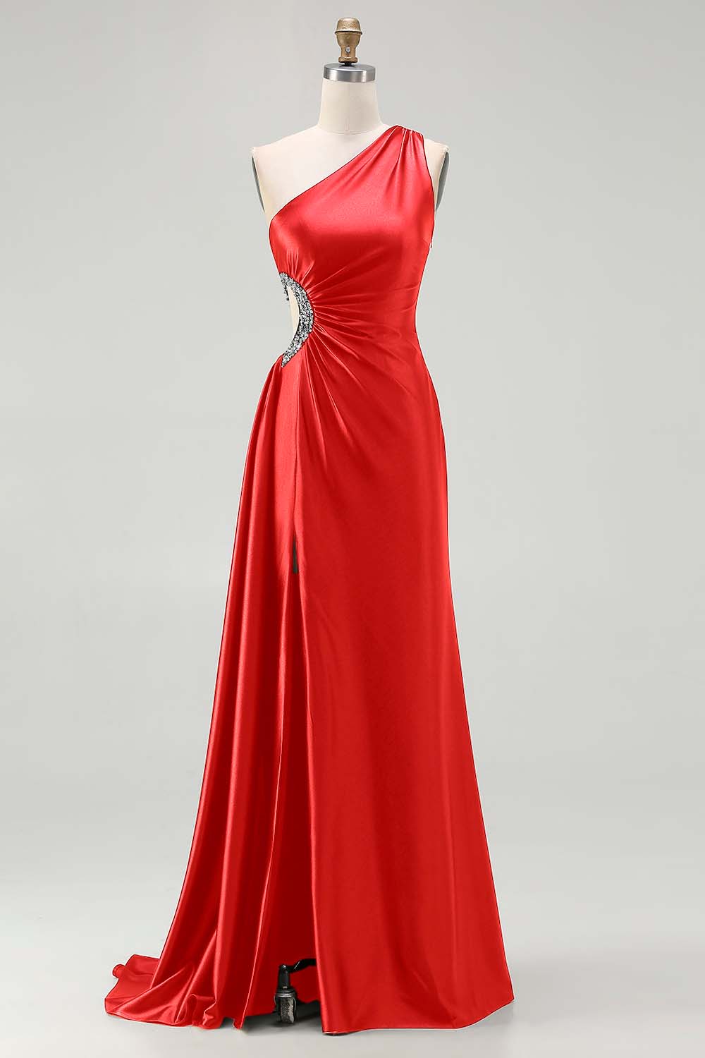 One Shoulder Cut Out Satin Black Tie Dress With Slit