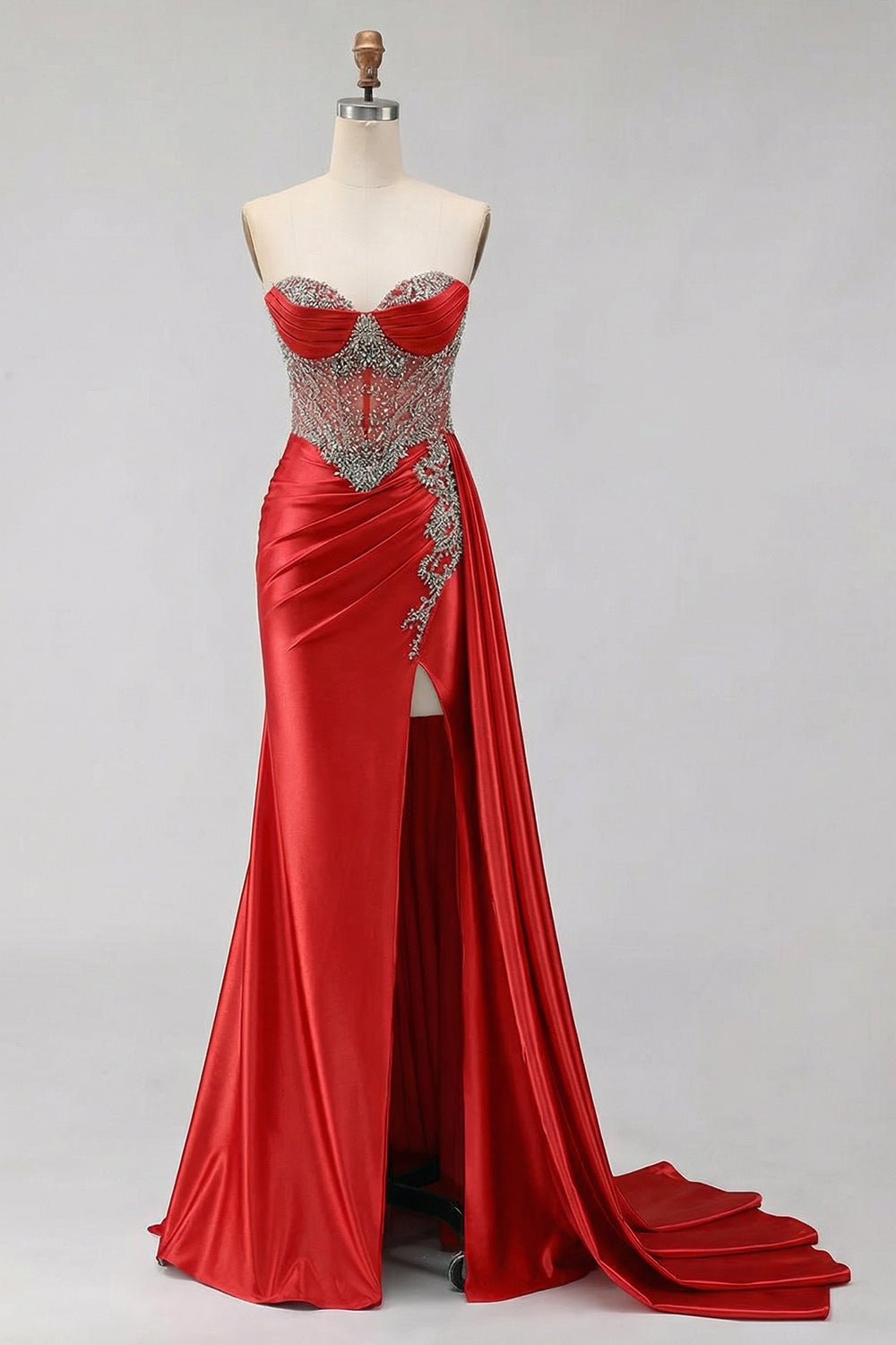 Sweetheart Mermaid Mint Green Beaded Satin Prom Dress With Slit