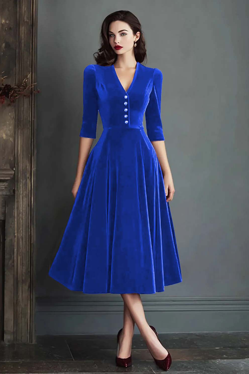 Burgundy A-Line V-Neck Midi Velvet Dress with Half Sleeves