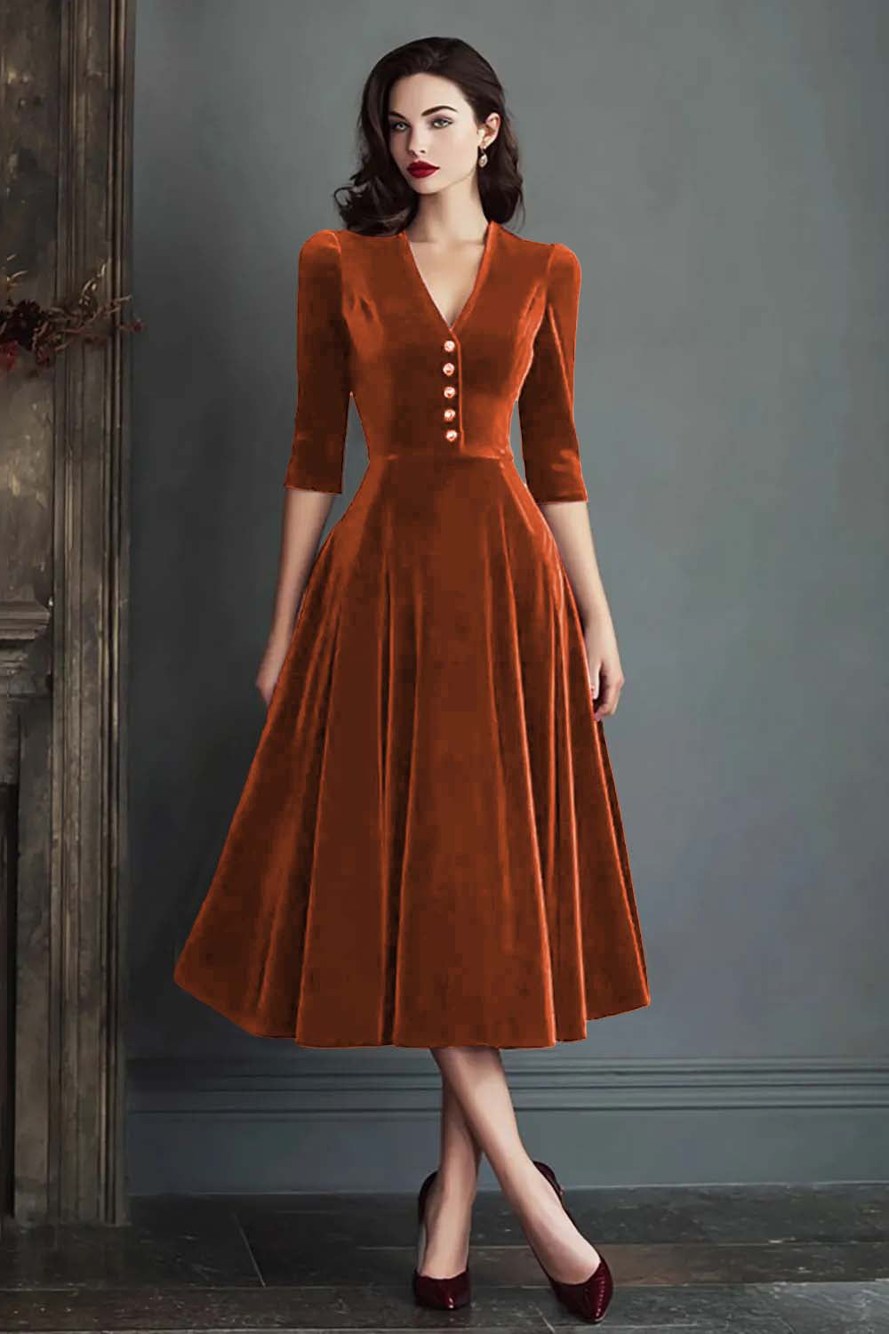 Burgundy A-Line V-Neck Midi Velvet Dress with Half Sleeves