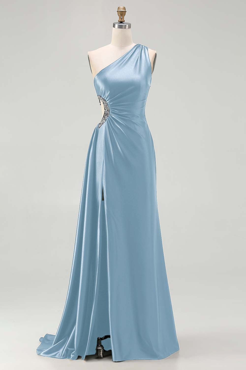 One Shoulder Cut Out Satin Black Tie Dress With Slit