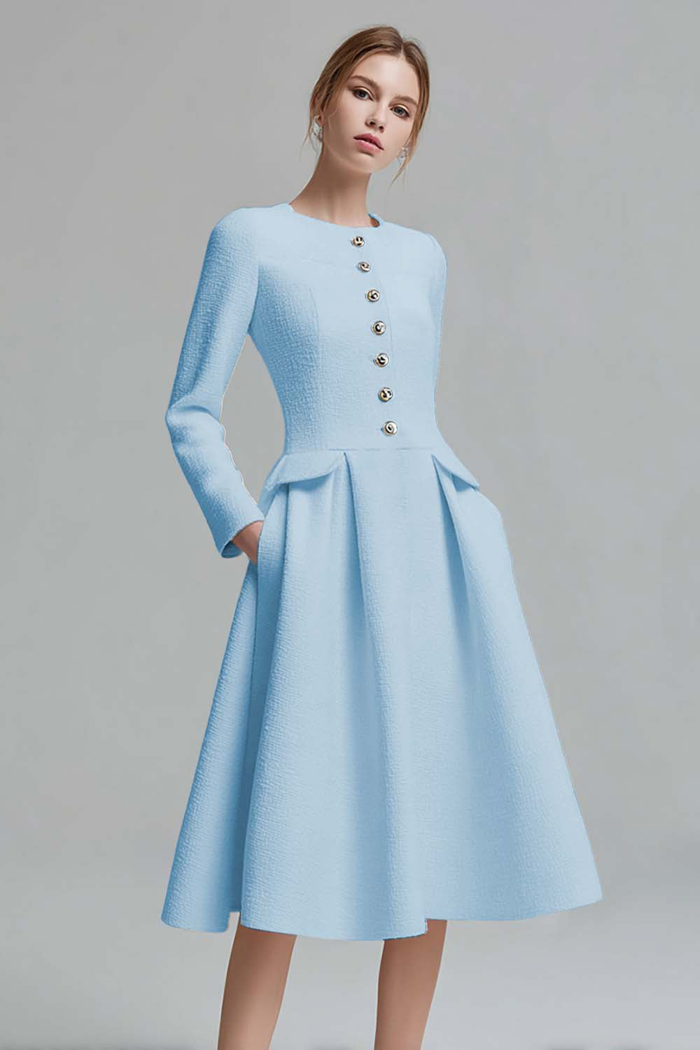 Ivory A-Line Midi Work Dress with Long Sleeves