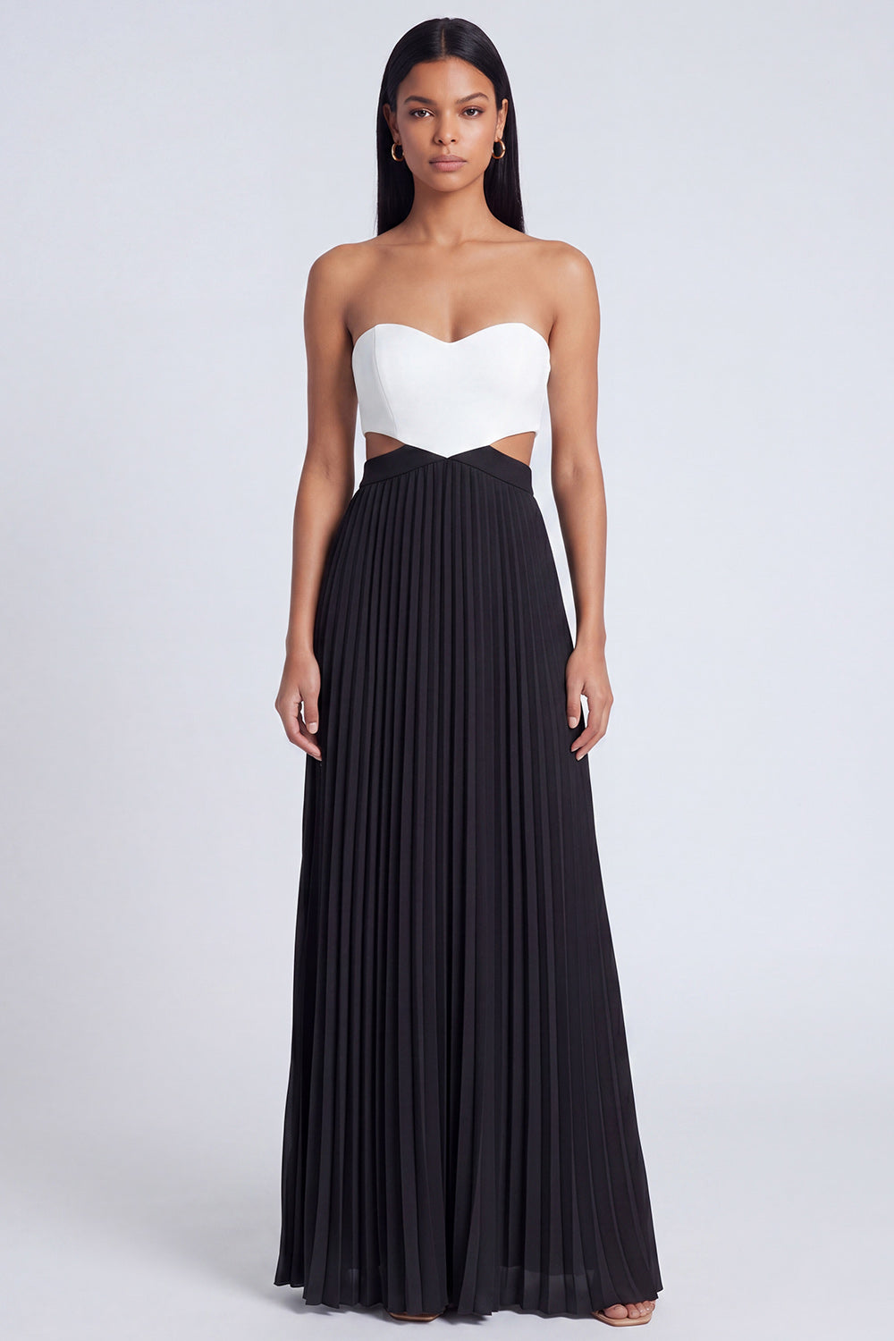 Strapless ColorBlock Pleated Pink and Orange A Line Formal Dress