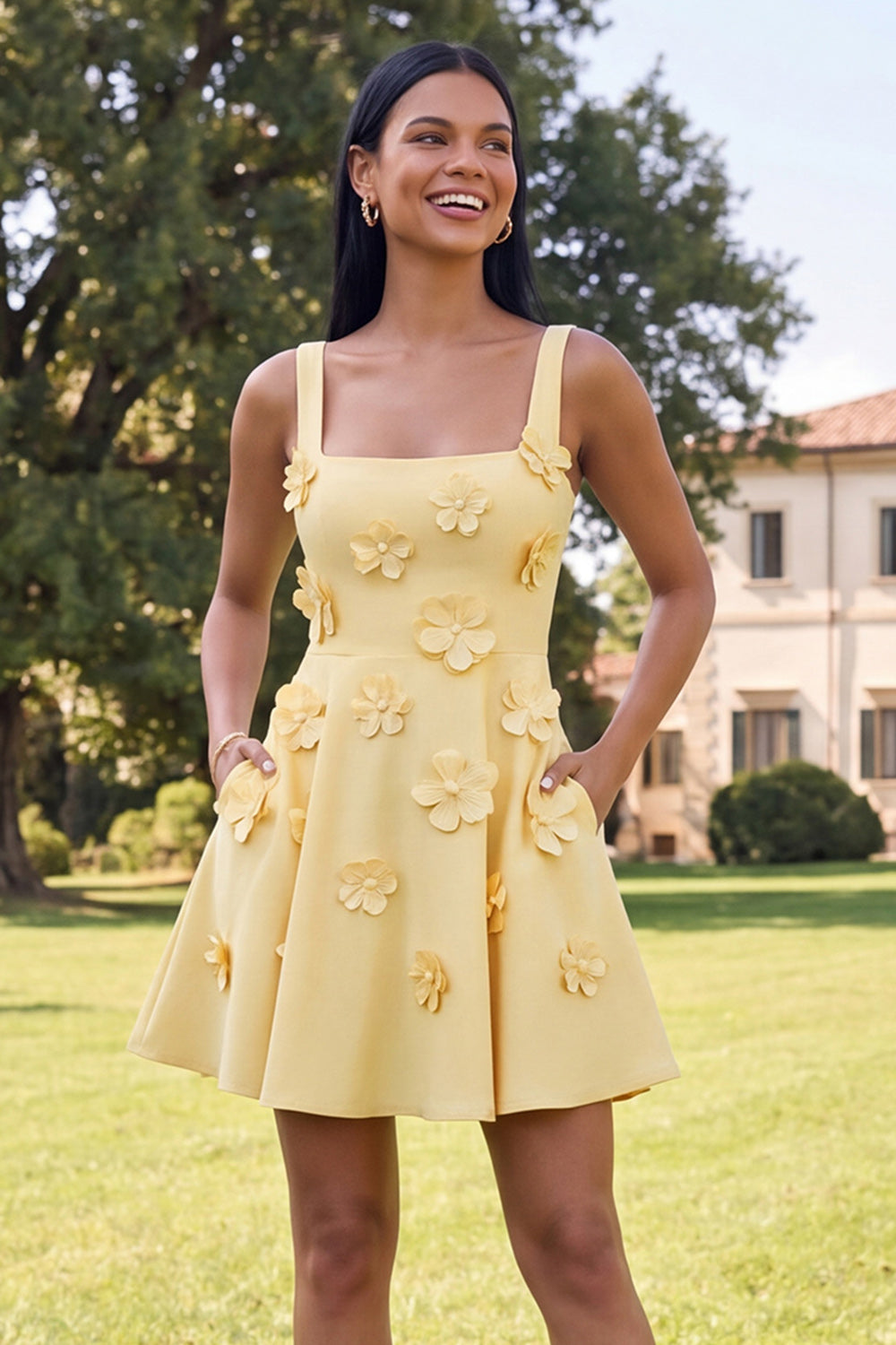 Square Neck Black Floral A Line Homecoming Dress