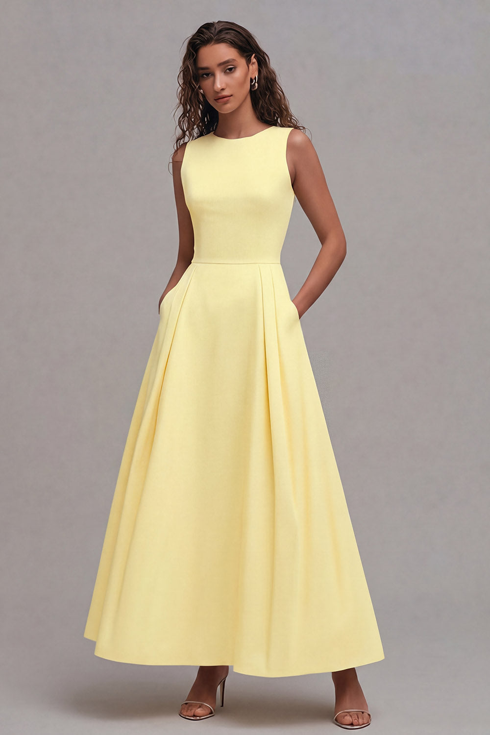 Light Yellow A-Line Boat Neck Wedding Guest Dress With Pockets